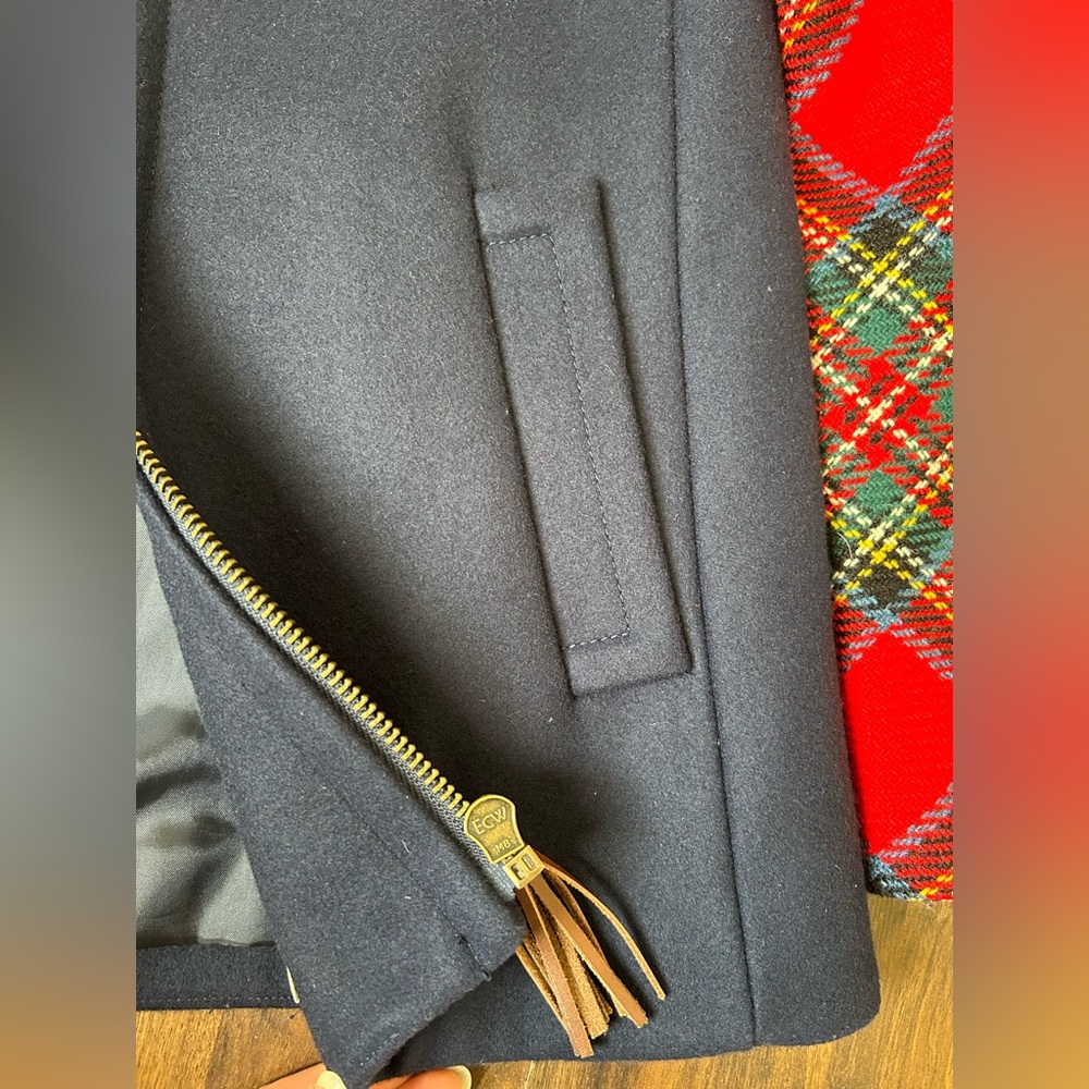 J. Crew Colorblock Shetland Wool Navy Jacket w Red Plaid Arms - Picture 6 of 12